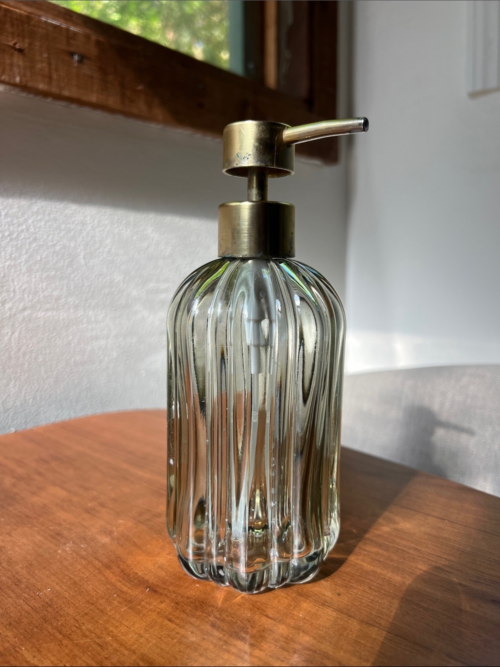 Smoked Ribbed Glass Soap Dispenser with Antique Brass Pump | Bathroom & Kitchen